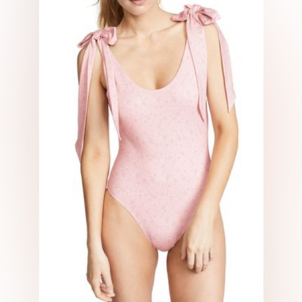 LOVESHACKFANCY Bow Sleeves One Piece Pink Floral Swimsuit Size S RARE FIND